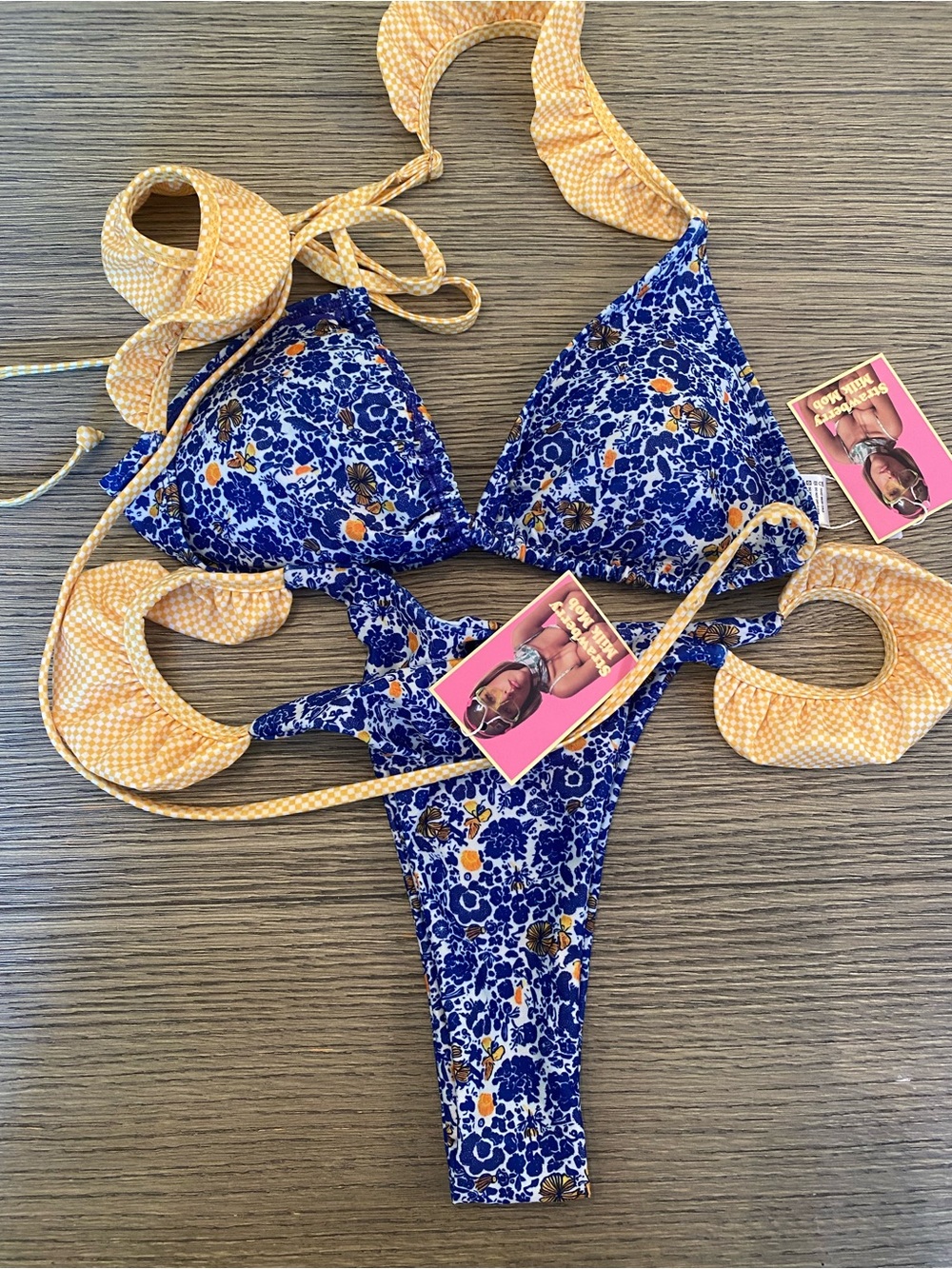 New Blue Floral & Yellow Bikini strawberry milk Sz XL
